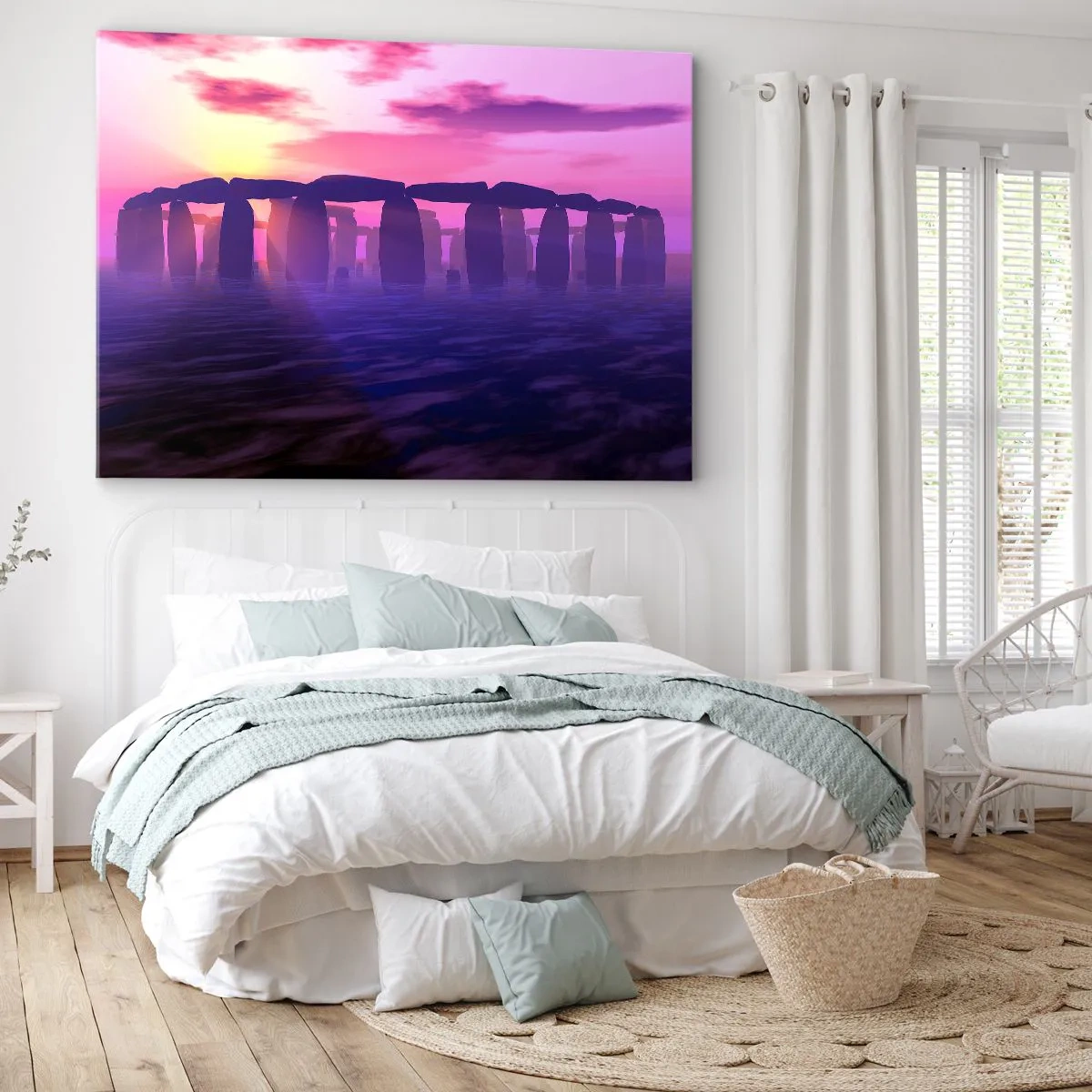 Quadro su tela - Stampe su Tela - Cerchio di pietre al tramonto con cielo viola - 120x80cm - Mistero in un'alba nebbiosa - Decorazione murale moderna per soggiorno e camera da letto ARTTOR