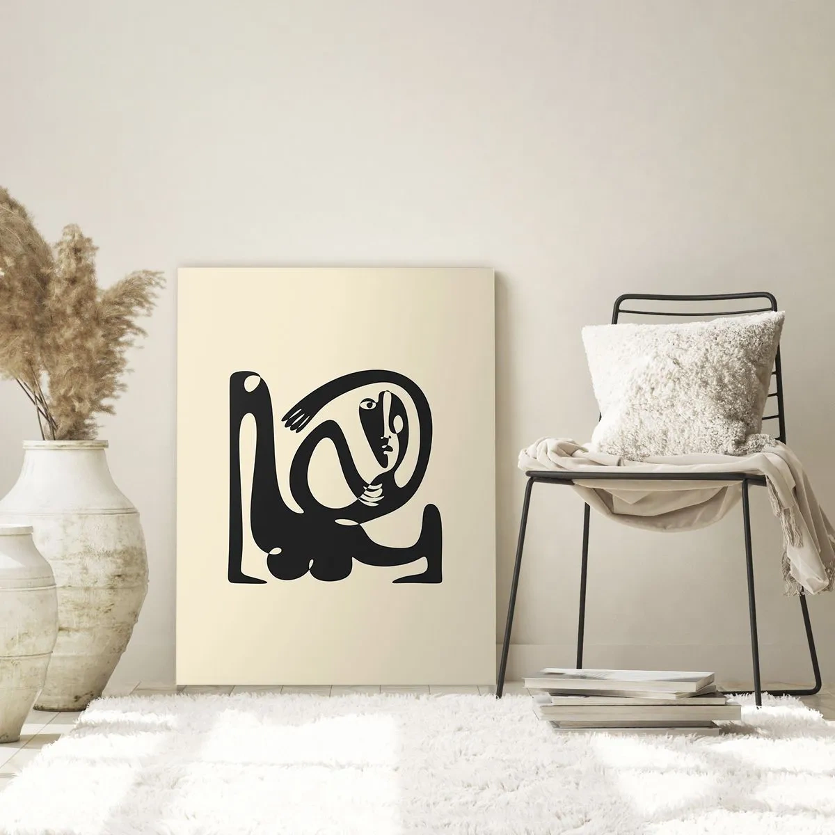 Quadro su vetro - Una figura astratta in nero su uno sfondo beige - 80x120cm - Quasi Picasso - Decorazione murale moderna per soggiorno e camera da letto ARTTOR