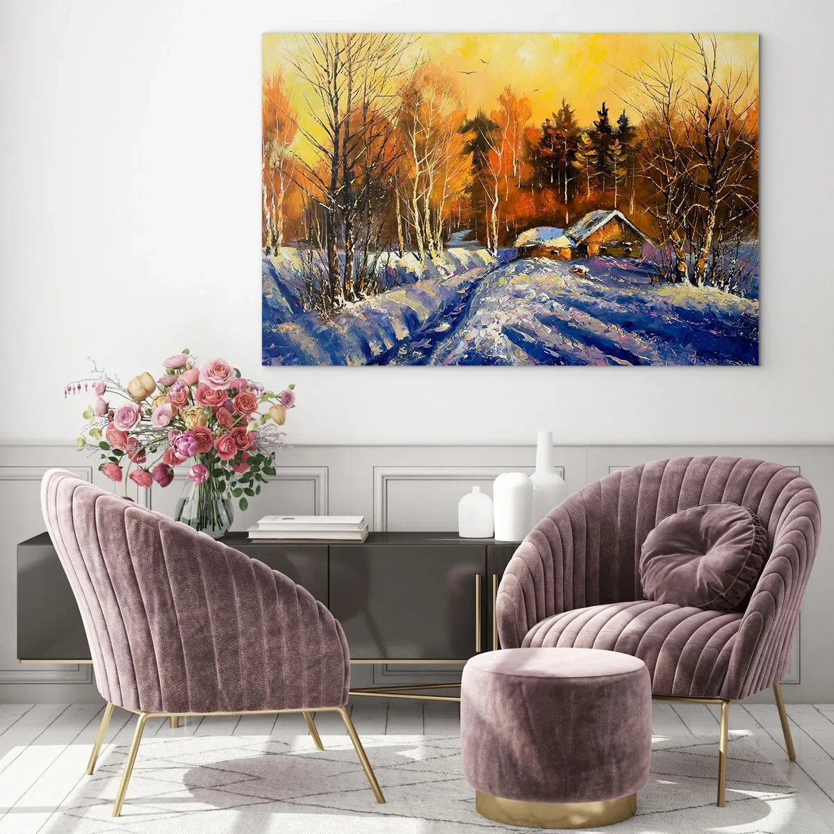 Quadro su vetro - Paesaggio invernale con una casetta di legno al tramonto - 70x50cm - Impressionismo invernale al sole - Decorazione murale moderna per soggiorno e camera da letto ARTTOR