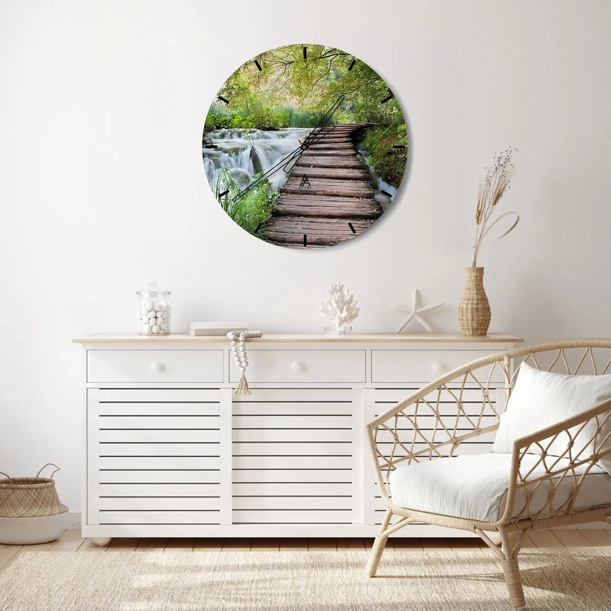 Orologio da parete - Orologio in Vetro - Un ponte di legno sopra una cascata immersa nel verde - 30x30cm - Acqua per niente tranquilla - Decorazione murale moderna per soggiorno, cucina e camera da letto ARTTOR