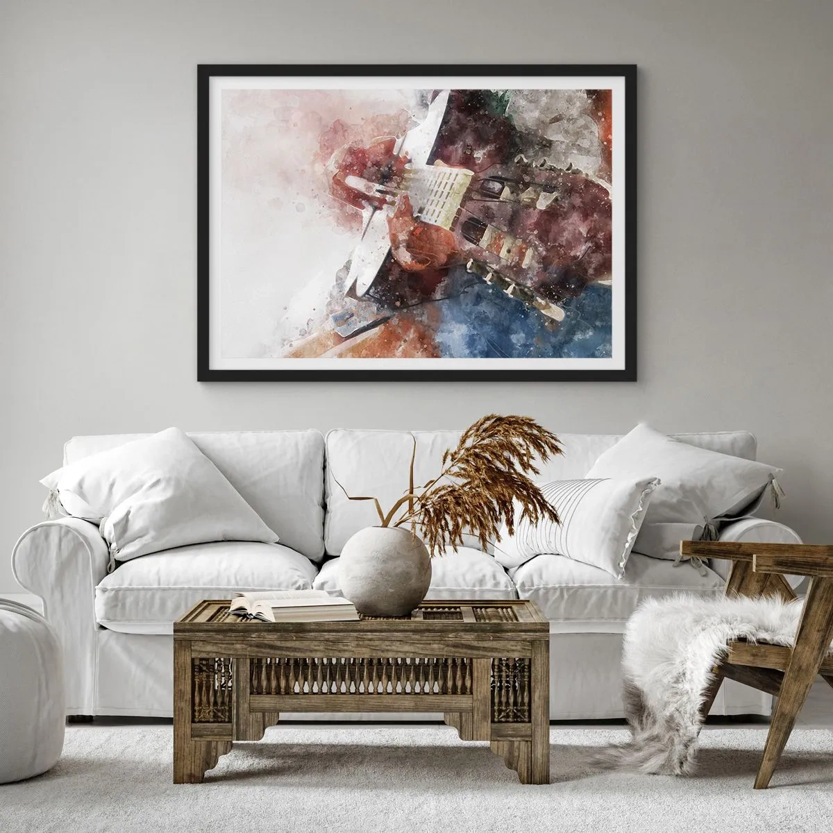 Poster in cornice nera - Un'interpretazione artistica di una chitarra in stile acquerello - 70x50cm - E tu che ne pensi? - Decorazione murale moderna per soggiorno e camera da letto ARTTOR