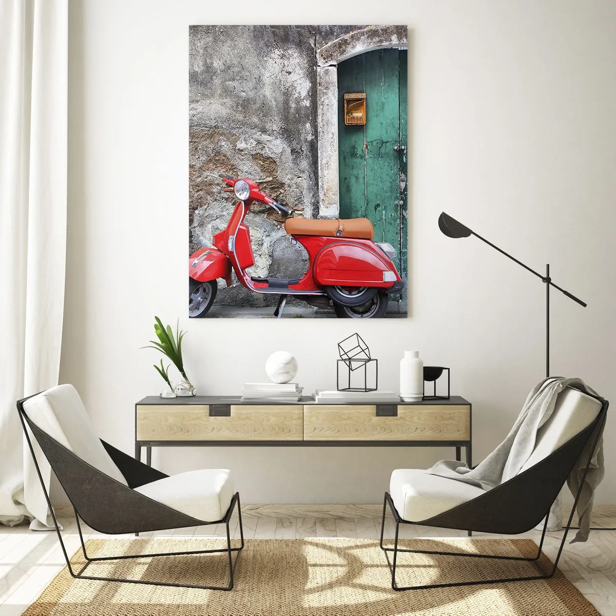 Quadro su vetro - Scooter rosso contro una porta verde - 50x70cm - Vacanze italiane - Decorazione murale moderna per soggiorno e camera da letto ARTTOR