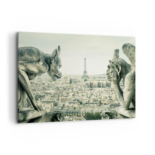 Quadro su tela - Stampe su Tela - Gargoyle che dominano lo skyline di Parigi e la Torre Eiffel - 100x70cm - Chiacchierate parigine - Decorazione murale moderna per soggiorno e camera da letto ARTTOR
