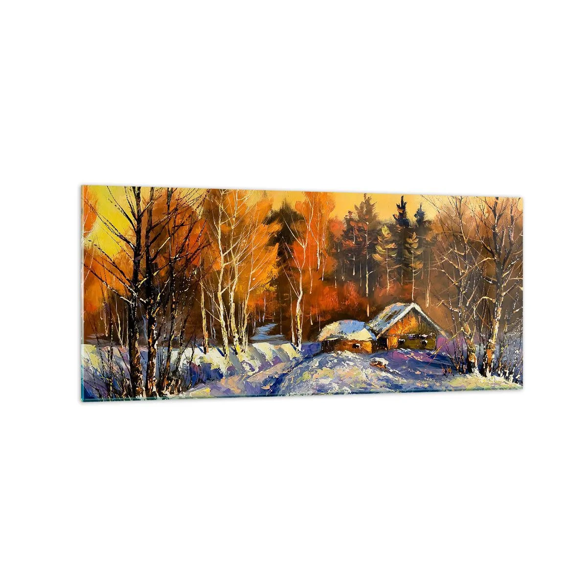 Quadro su vetro - Paesaggio invernale con una casa alla luce del sole al tramonto - 120x50cm - Impressionismo invernale al sole - Decorazione murale moderna per soggiorno e camera da letto ARTTOR