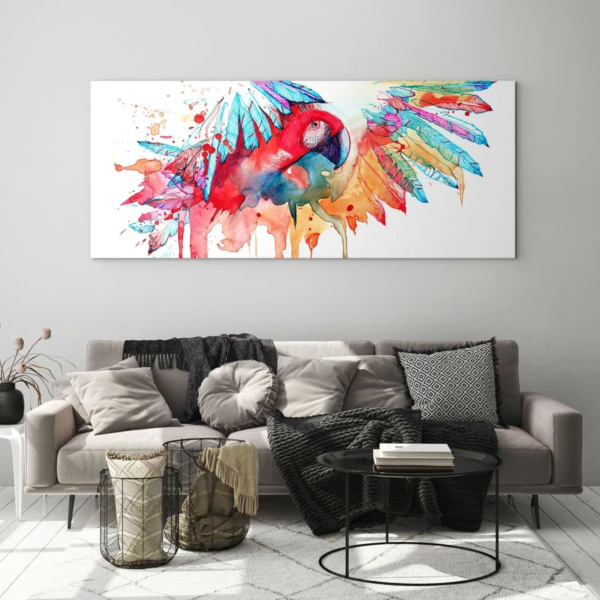 Quadro su vetro - Un pappagallo in stile acquerello artistico - 140x50cm - Pappagalli colorati - Decorazione murale moderna per soggiorno e camera da letto ARTTOR