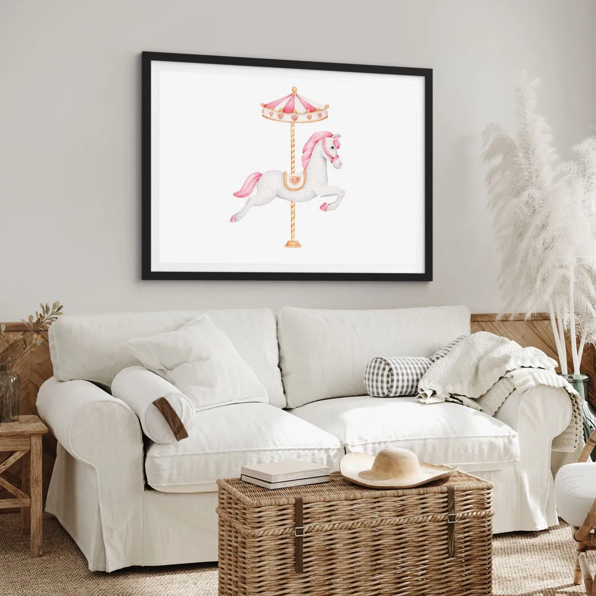 Poster in cornice nera - Un cavallo da giostra nei toni pastello del rosa - 70x50cm - Partito al galoppo. - Decorazione murale moderna per soggiorno e camera da letto ARTTOR