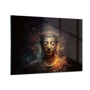 Quadro su vetro - Una figura dorata del Buddha su uno sfondo scuro con ornamenti - 100x70cm - Equilibrio spirituale - Decorazione murale moderna per soggiorno e camera da letto ARTTOR