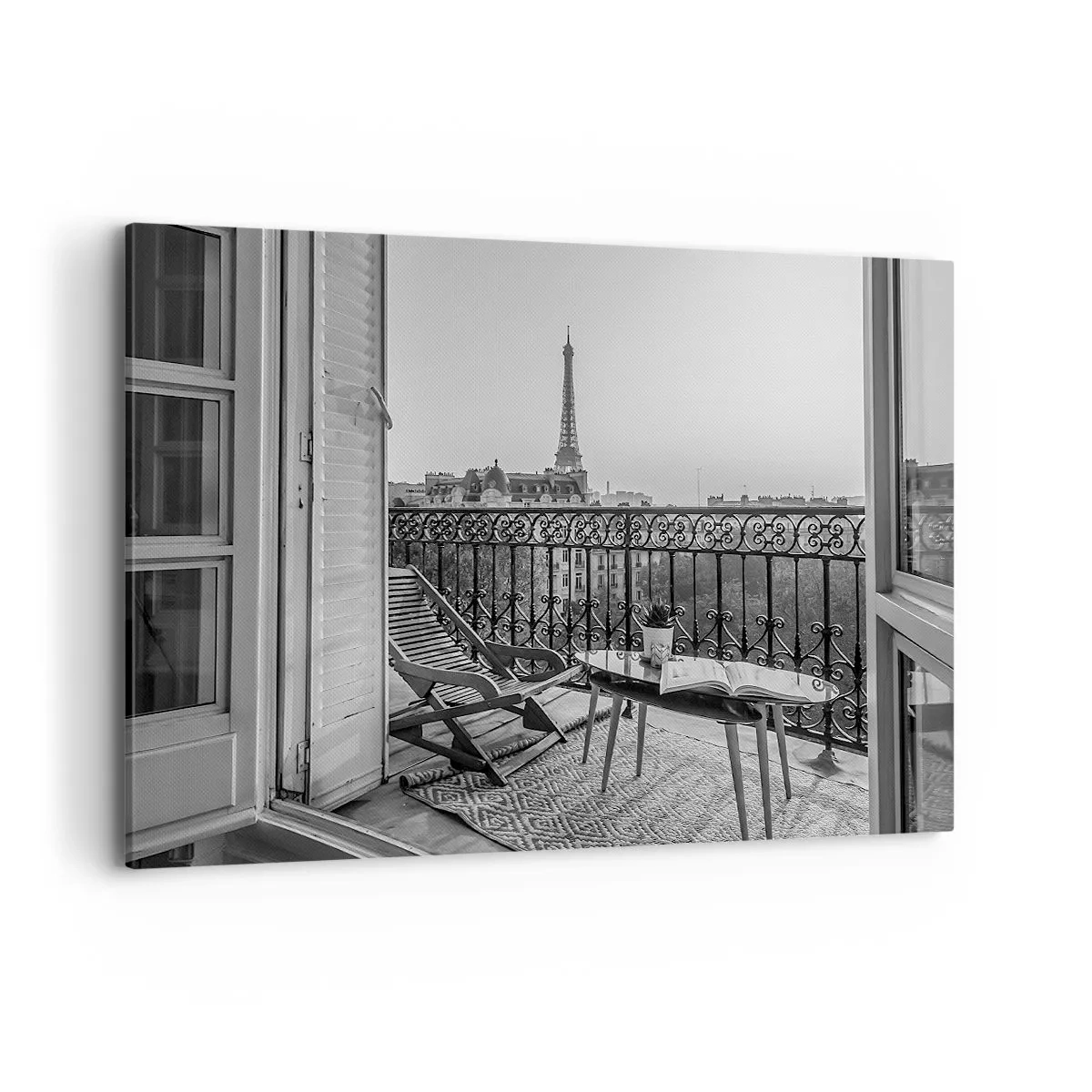 Quadro su tela - Stampe su Tela - Vista della Torre Eiffel dal balcone con sedie a sdraio e tavolo - 120x80cm - Pomeriggio parigino - Decorazione murale moderna per soggiorno e camera da letto ARTTOR