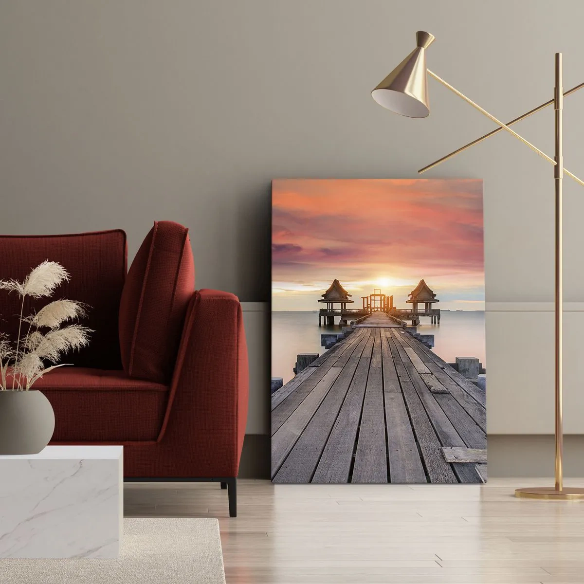 Quadro su tela - Stampe su Tela - Molo di legno che conduce ai gazebo al tramonto - 80x120cm - Tramonto d'oriente - Decorazione murale moderna per soggiorno e camera da letto ARTTOR