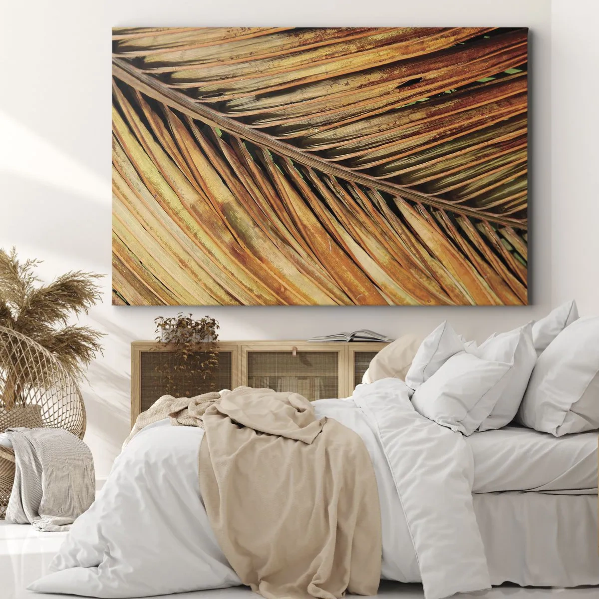 Quadro su tela - Stampe su Tela - Primo piano di una foglia di palma secca in toni caldi - 120x80cm - Oro di cocco - Decorazione murale moderna per soggiorno e camera da letto ARTTOR