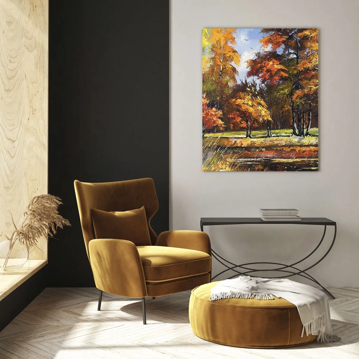 Quadro su vetro - Paesaggio autunnale con alberi e riflessi nell'acqua - 50x70cm - Paesaggio in oro e marrone - Decorazione murale moderna per soggiorno e camera da letto ARTTOR