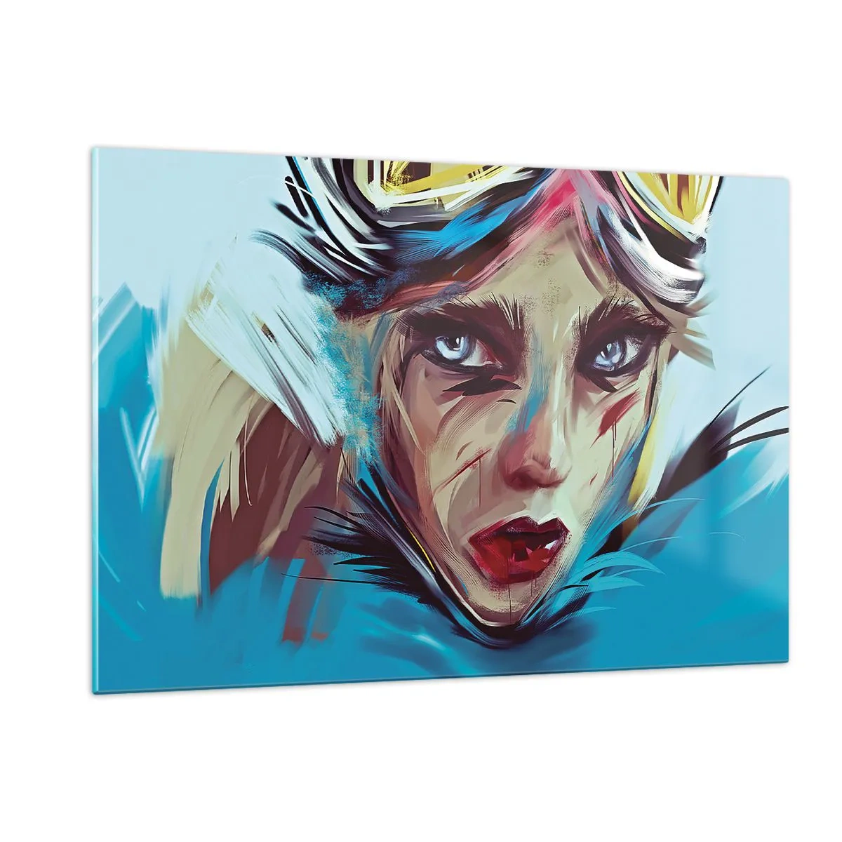Quadro su vetro - Ritratto di donna con occhiali e pennellate blu - 120x80cm - La guerriera della strada - Decorazione murale moderna per soggiorno e camera da letto ARTTOR