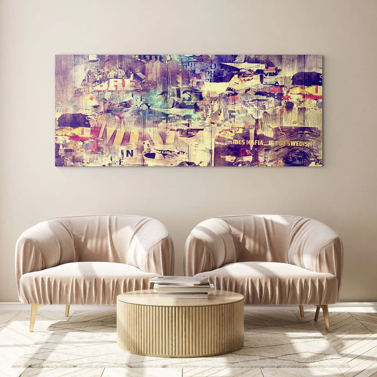 Quadro su vetro - Collage astratto colorato con testo e grafica - 140x50cm - E questo resterà - Decorazione murale moderna per soggiorno e camera da letto ARTTOR