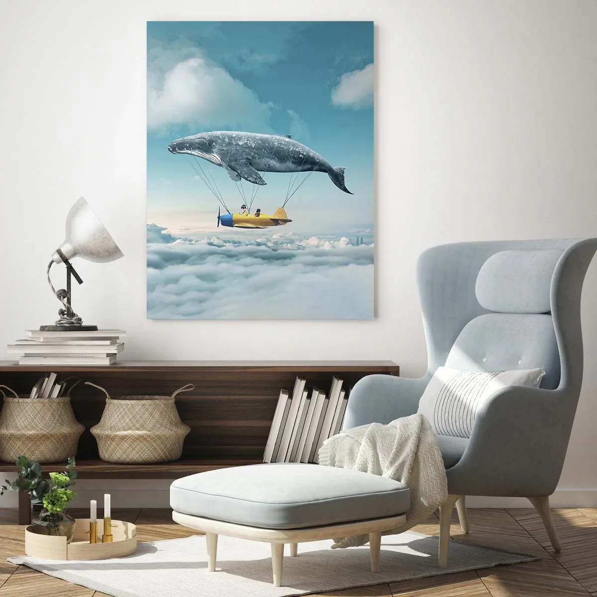 Quadro su vetro - Una balena volante trasporta un aereo in un'ambientazione surreale. - 70x100cm - Perché no? - Decorazione murale moderna per soggiorno e camera da letto ARTTOR