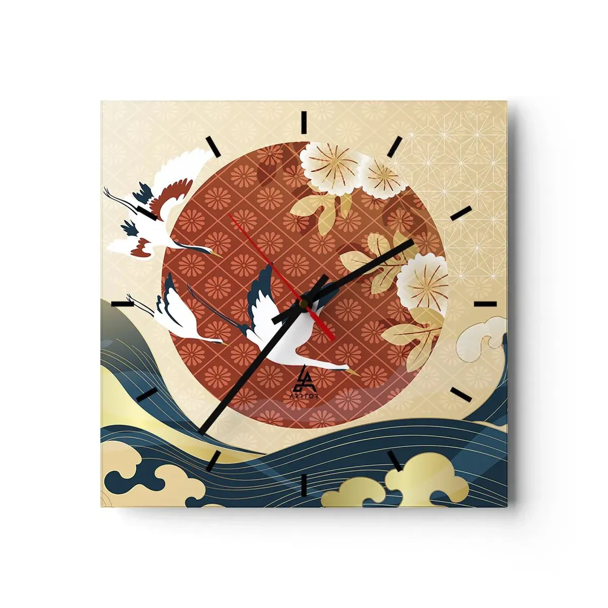 Orologio da parete - Orologio in Vetro - Composizione giapponese con gru e onde - 30x30cm - Favola giapponese - Decorazione murale moderna per soggiorno e camera da letto ARTTOR