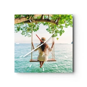 Orologio da parete - Orologio in Vetro - Donna su un'altalena in riva al mare in un paesaggio tropicale - 30x30cm - La vita è bella - Decorazione murale moderna per soggiorno e camera da letto ARTTOR