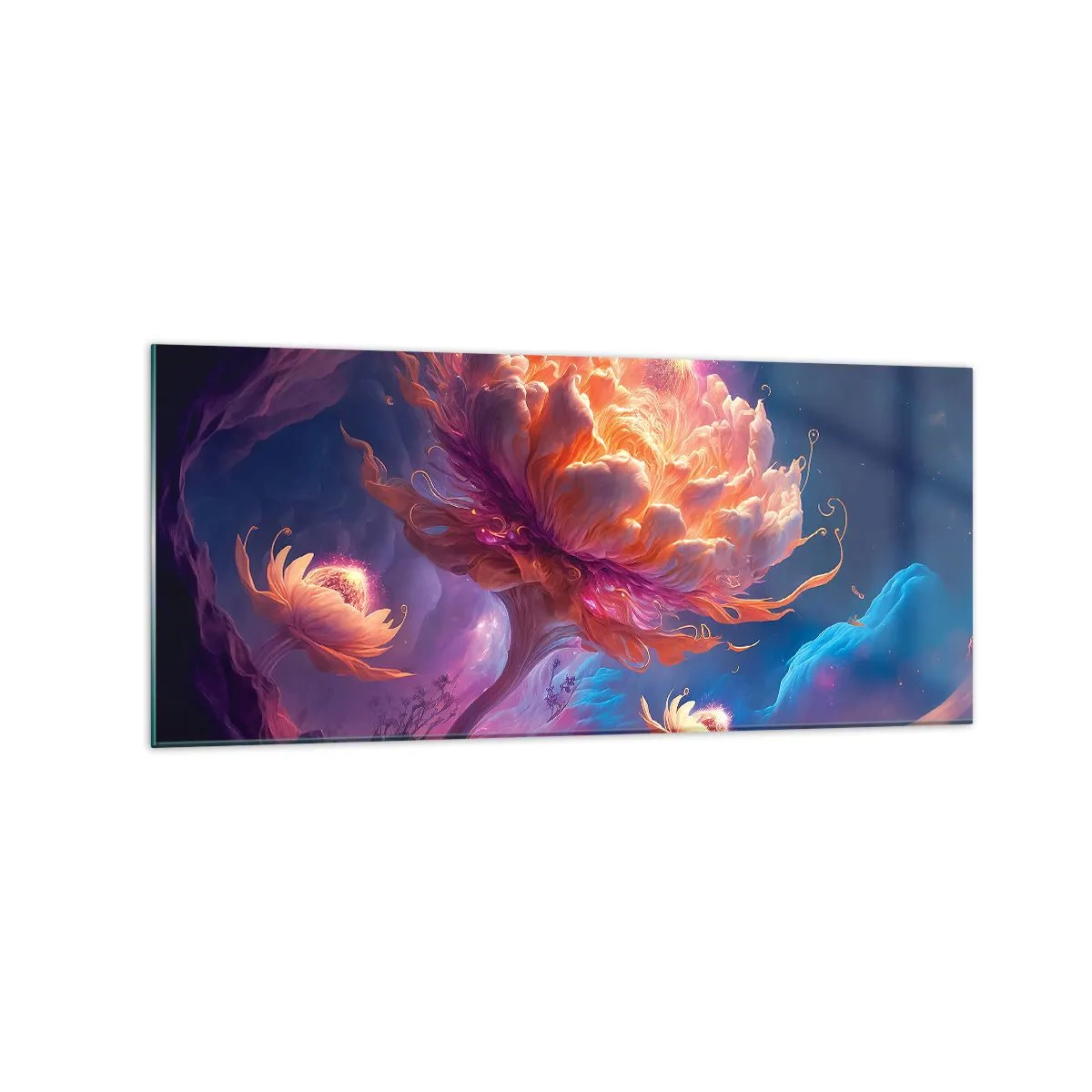 Quadro su vetro - Fiori fantastici in un paesaggio cosmico - 120x50cm - Un altro mondo - Decorazione murale moderna per soggiorno e camera da letto ARTTOR