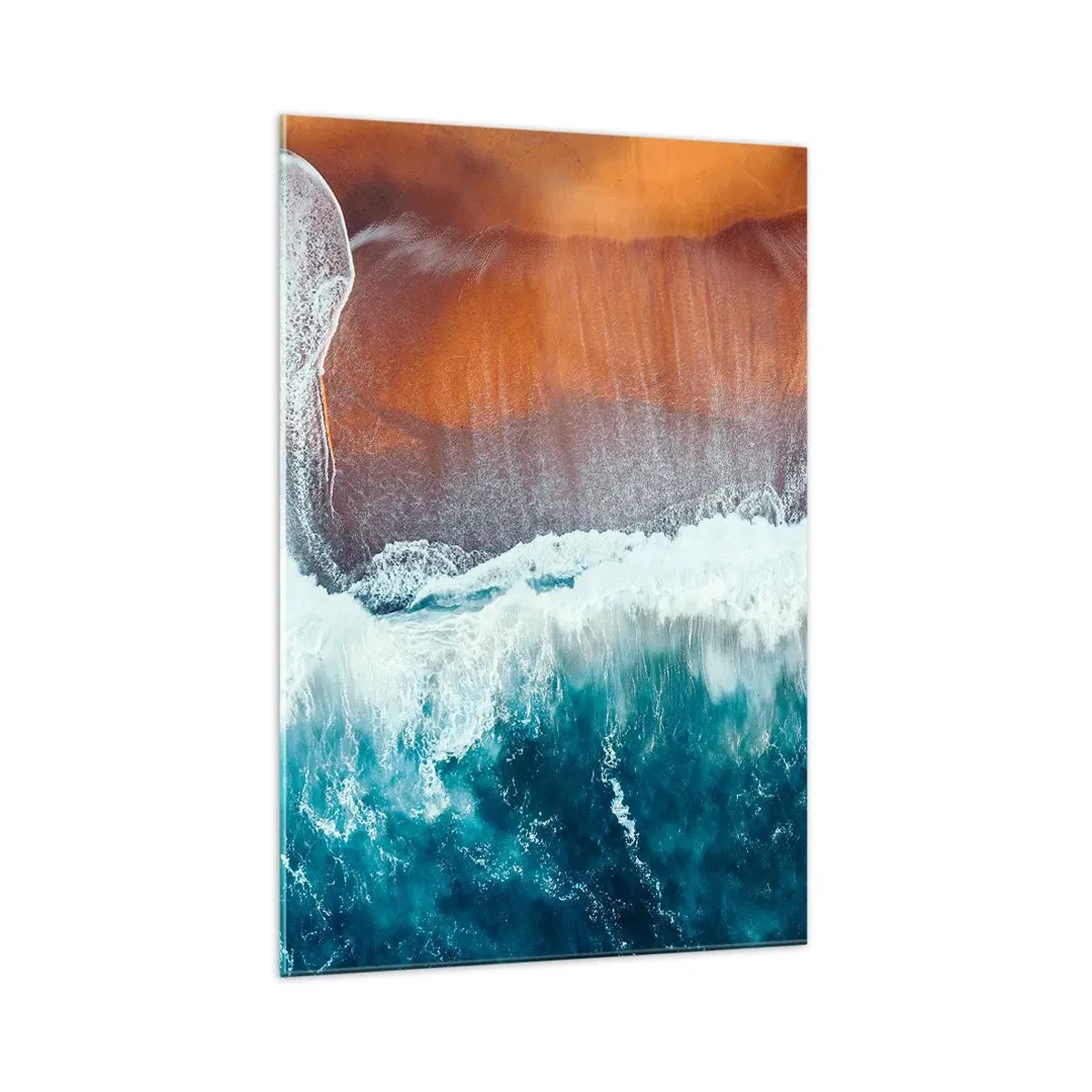 Quadro su vetro - Una vista delle onde dell'oceano che si infrangono sulla spiaggia dorata - 70x100cm - Il tocco dell'oceano - Decorazione murale moderna per soggiorno e camera da letto ARTTOR