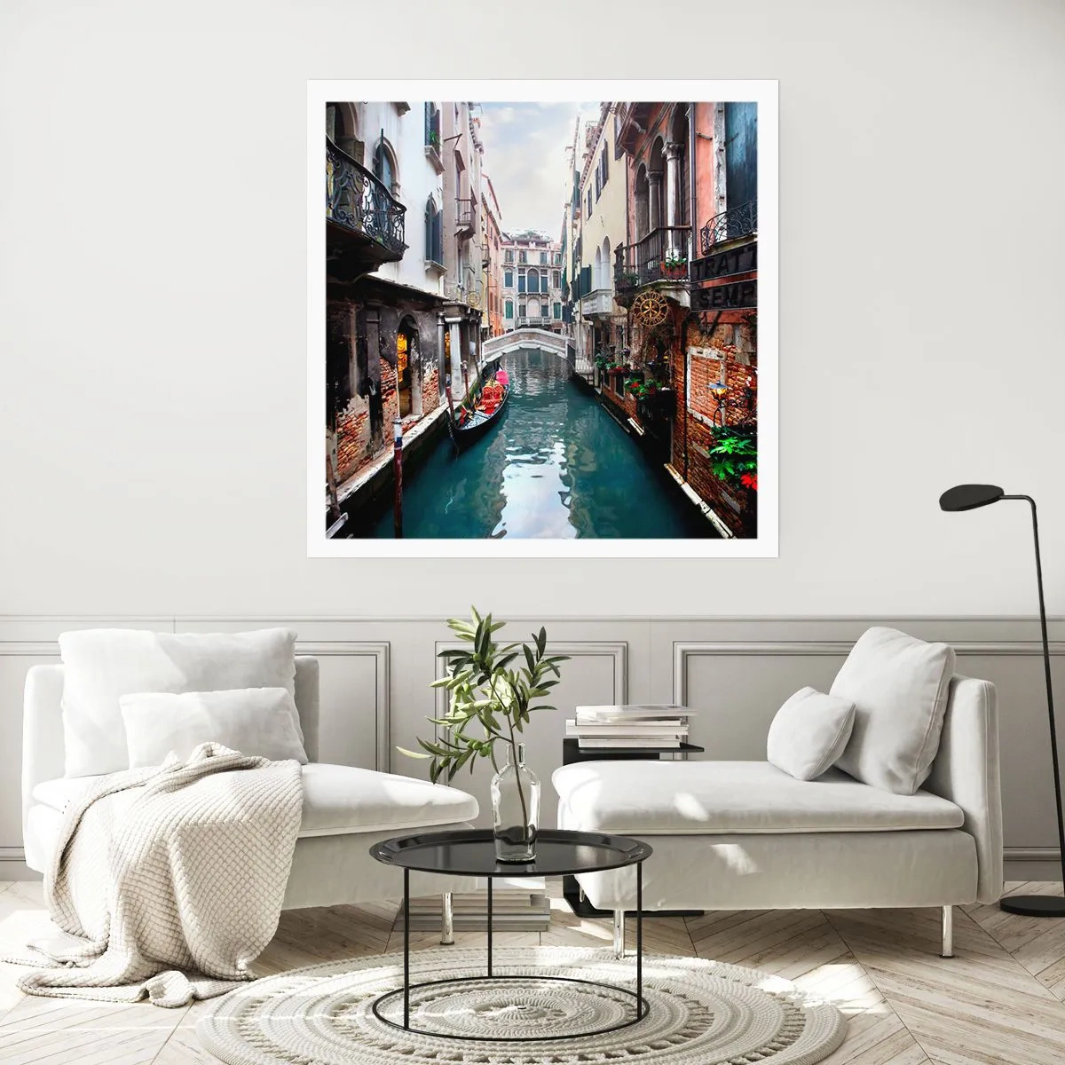 Poster - Paesaggio veneziano con gondola e ponte - 60x60 cm