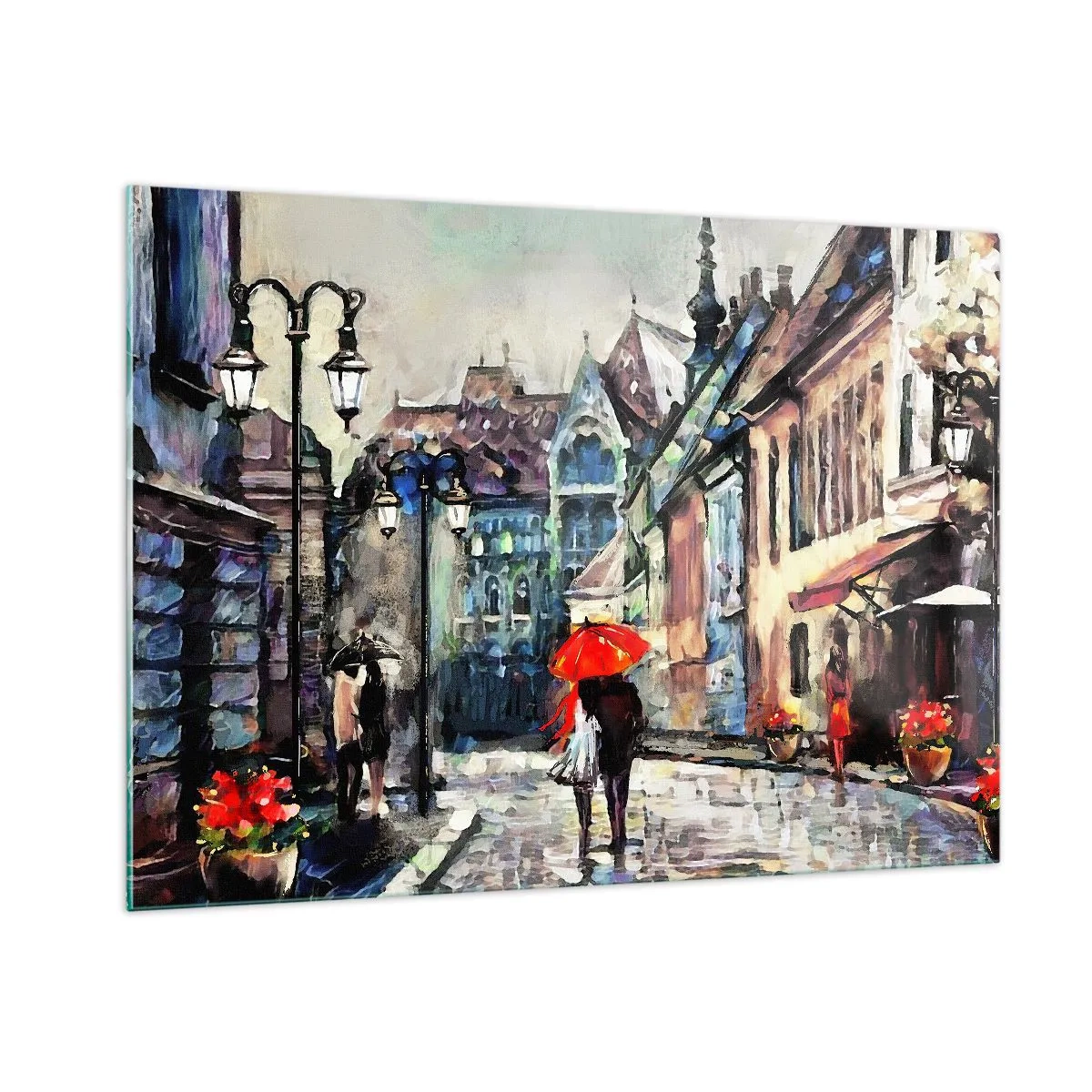 Quadro su vetro - Una coppia sotto un ombrello rosso passeggia lungo una strada pittoresca - 100x70cm - Pioggia per due - Decorazione murale moderna per soggiorno e camera da letto ARTTOR