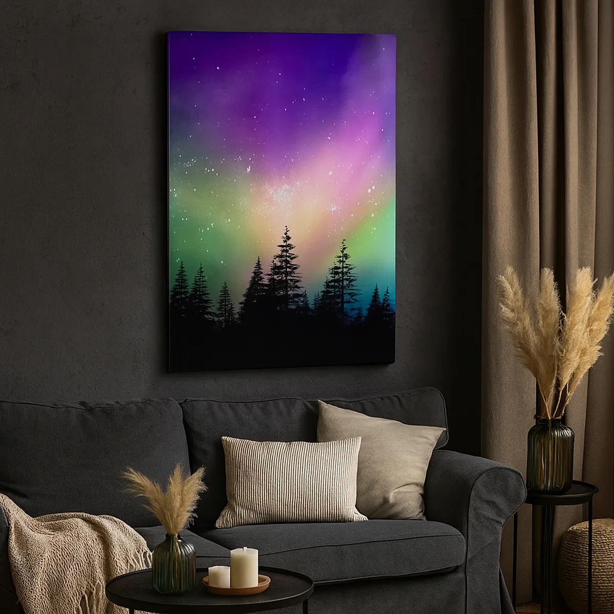 Quadro su tela - Stampe su Tela - Aurora boreale su una foresta con cielo stellato - 50x70cm - Magia bianca - Decorazione murale moderna per soggiorno e camera da letto ARTTOR