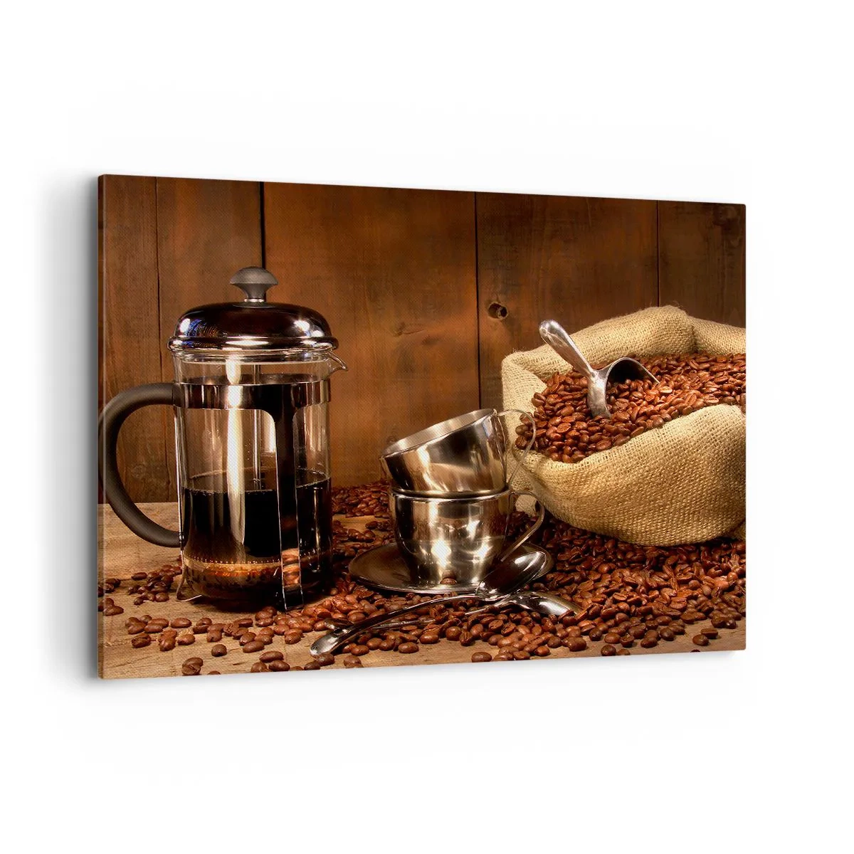 Quadro su tela - Stampe su Tela - French press, tazze e una busta di caffè su uno sfondo di legno - 100x70cm - Magia del caffè: aroma e sapore - Decorazione murale moderna per soggiorno e camera da letto ARTTOR