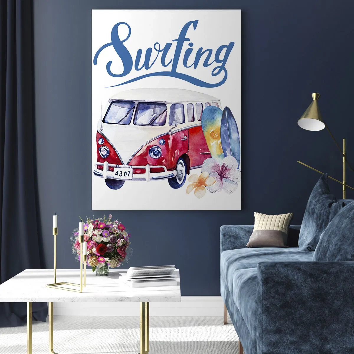 Quadro su vetro - Tema surf con furgone e tavole - 50x70cm - In pulmino a fare surf - Decorazione murale moderna per soggiorno e camera da letto ARTTOR