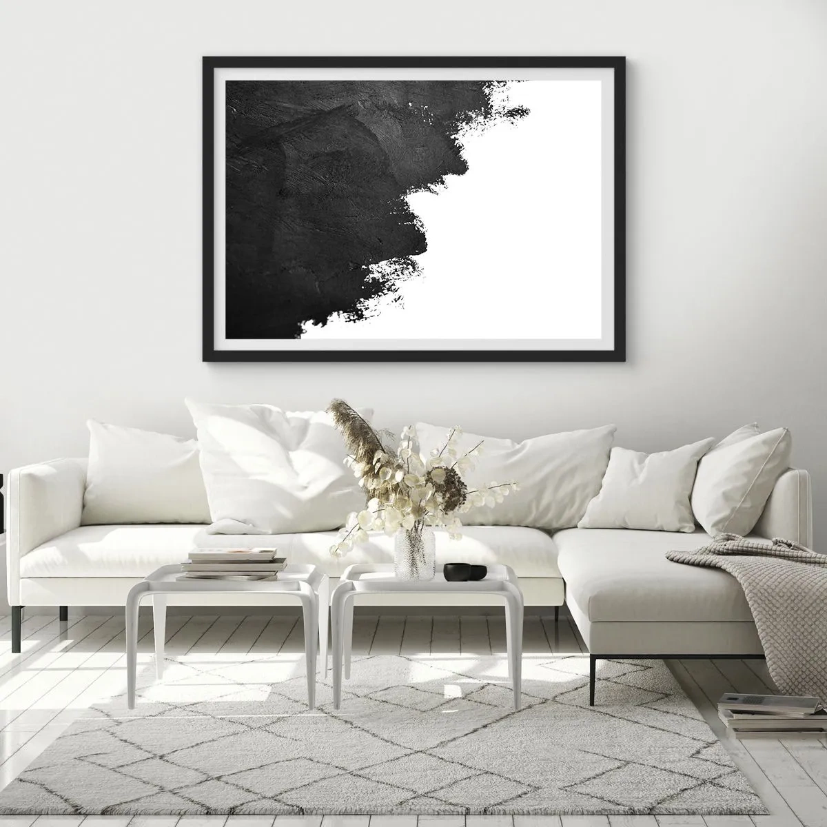 Poster in cornice nera - Astrazione in bianco e nero con pennellate contrastanti - 70x50cm - Gli elementi: la terra - Decorazione murale moderna per soggiorno e camera da letto ARTTOR