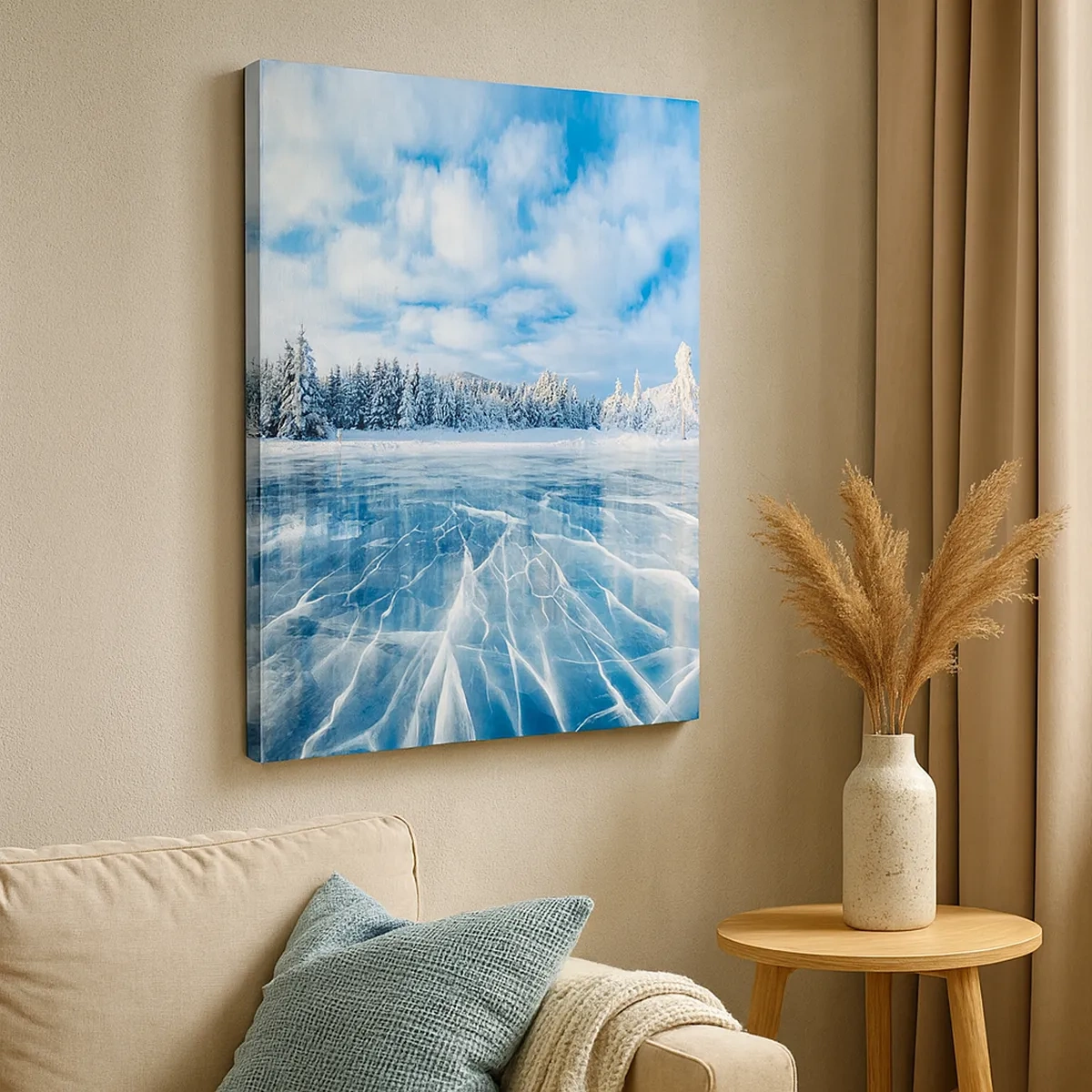 Quadro su tela - Stampe su Tela - Un lago ghiacciato circondato da una foresta innevata - 50x70cm - Vista lucente e cristallina - Decorazione murale moderna per soggiorno e camera da letto ARTTOR