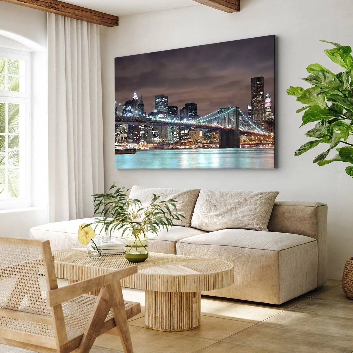 Quadro su tela - Stampe su Tela - Il ponte illuminato di notte sullo sfondo del panorama della città moderna - 120x80cm - Le luci della grande città - Decorazione murale moderna per soggiorno e camera da letto ARTTOR