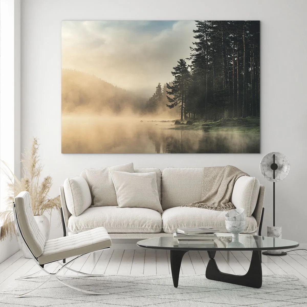 Quadro su vetro - Una mattina nebbiosa su un lago nella foresta - 120x80cm - La nascita del giorno - Decorazione murale moderna per soggiorno e camera da letto ARTTOR