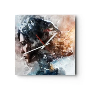 Orologio da parete - Orologio in Vetro - Ritratto di una donna che combina il suo viso con un paesaggio urbano sullo sfondo - 30x30cm - Racconto su una ragazza con città sullo sfondo - Decorazione murale moderna per soggiorno e camera da letto ARTTOR