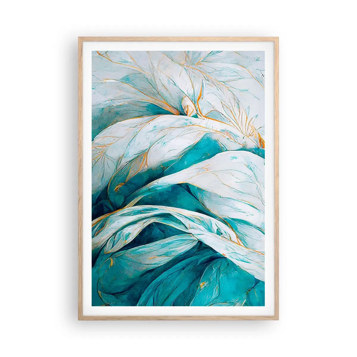 Poster in cornice rovere chiaro - Astrazione blu con motivi d'oro - 70x100 cm