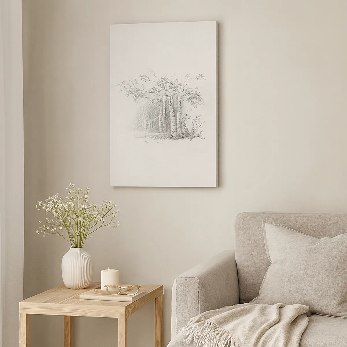Quadro su tela - Stampe su Tela - Un disegno di una foresta di betulle in un sottile schizzo a matita - 50x70cm - La luce della foresta di betulle - Decorazione murale moderna per soggiorno e camera da letto ARTTOR