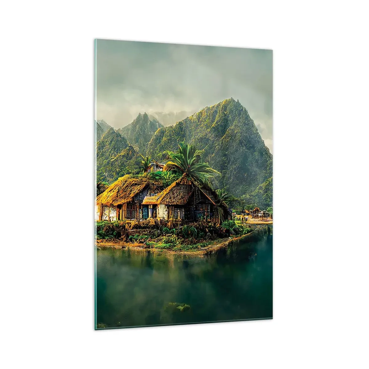 Quadro su vetro - Un'isola tropicale con palme e montagne sullo sfondo - 70x100cm - Paradiso tropicale - Decorazione murale moderna per soggiorno e camera da letto ARTTOR