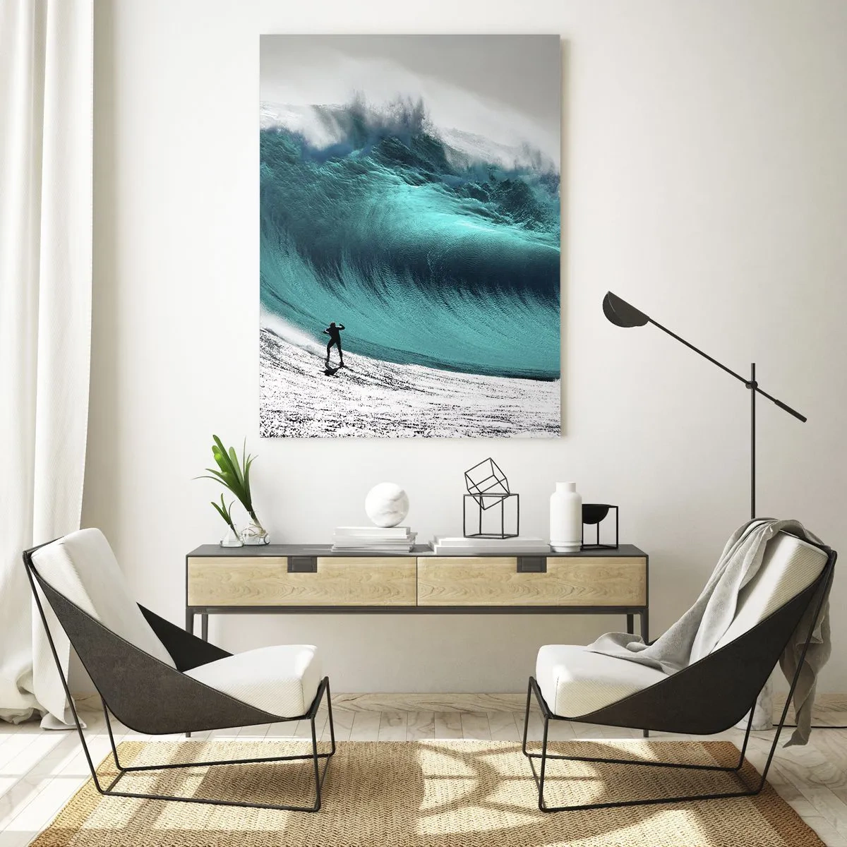 Quadro su vetro - Surfista di fronte a un'onda enorme - 70x100cm - Sfida accettata - Decorazione murale moderna per soggiorno e camera da letto ARTTOR