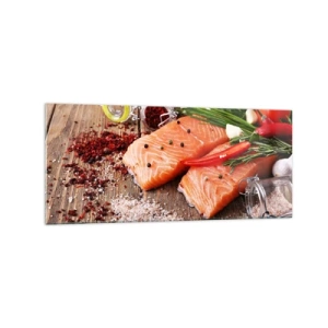 Quadro su vetro - Filetti di salmone con spezie su fondo di legno - 120x50cm - Avventura norvegese in cucina - Decorazione murale moderna per soggiorno e camera da letto ARTTOR