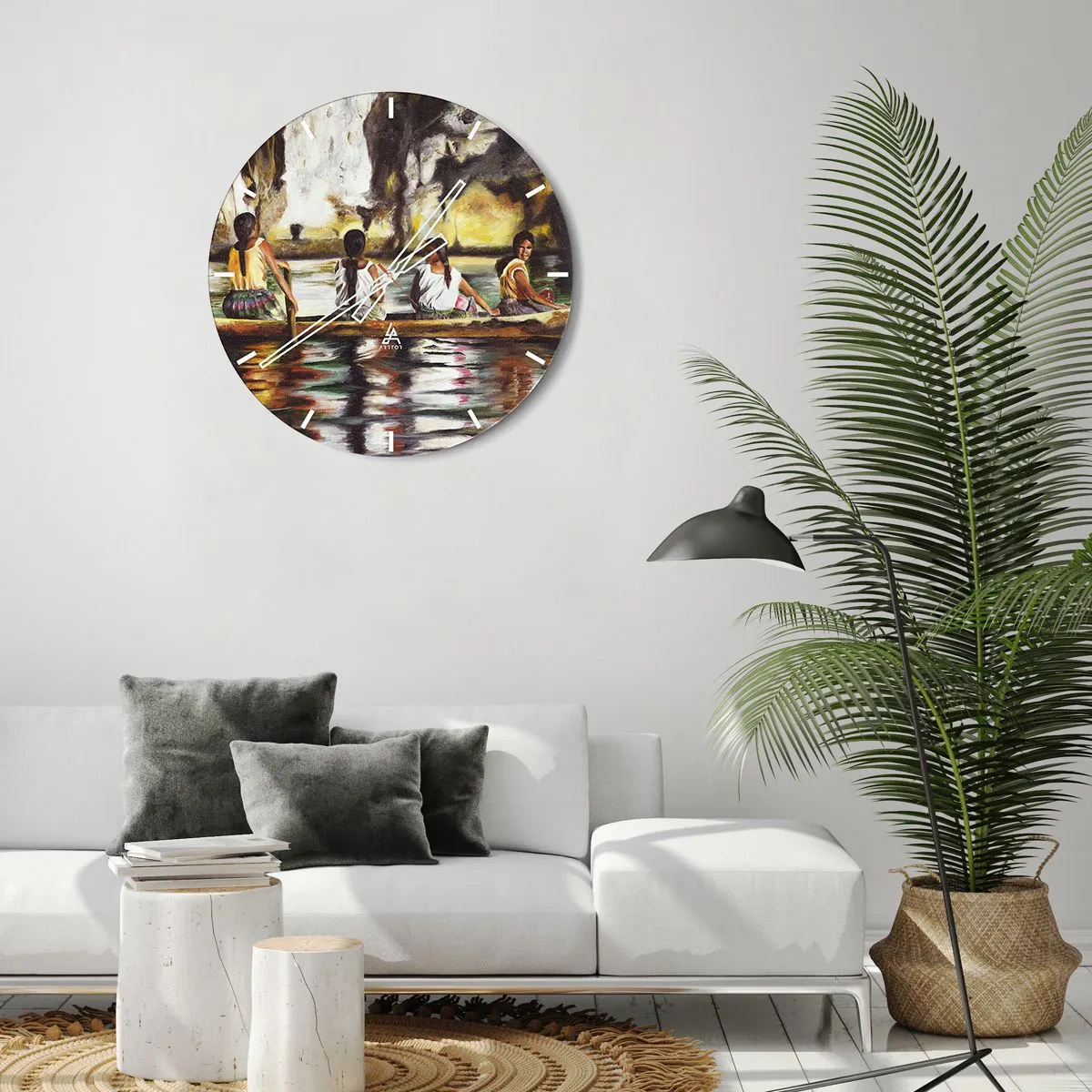 Orologio da parete - Orologio in Vetro - Donne su una barca in un paesaggio tropicale con acqua e rocce - 30x30cm - Nel paradiso della Polinesia - Decorazione murale moderna per soggiorno, cucina e camera da letto ARTTOR