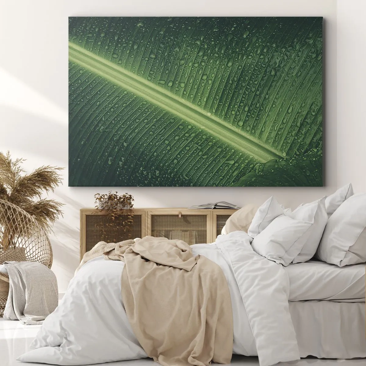 Quadro su tela - Stampe su Tela - Una foglia verde con gocce d'acqua sulla sua superficie - 70x50cm - La struttura del verde - Decorazione murale moderna per soggiorno e camera da letto ARTTOR