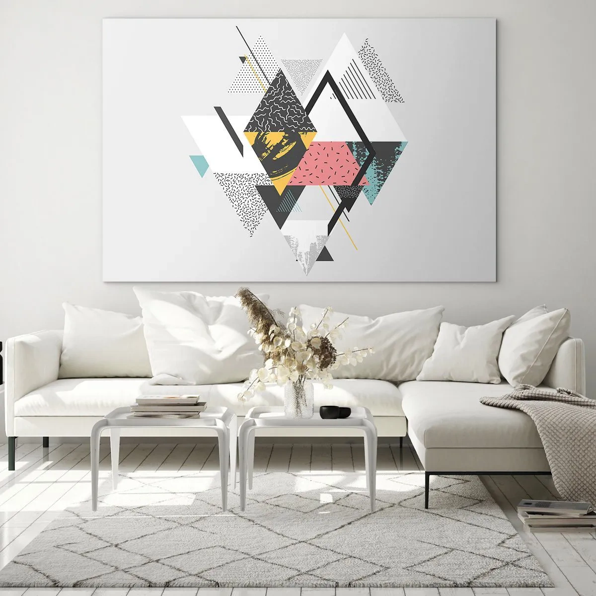 Quadro su vetro - Composizione geometrica astratta con triangoli e rombi - 120x80cm - Variazione con triangoli e rombi - Decorazione murale moderna per soggiorno e camera da letto ARTTOR
