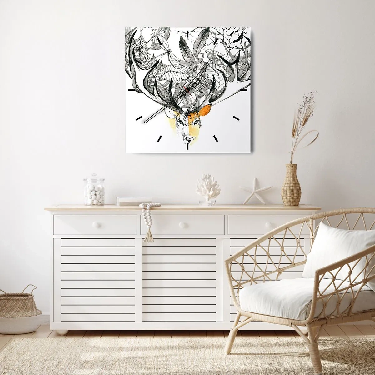 Orologio da parete - Orologio in Vetro - Sottile grafica di cervo con corna decorative - 30x30cm - I corni dell'abbondanza - Decorazione murale moderna per soggiorno e camera da letto ARTTOR