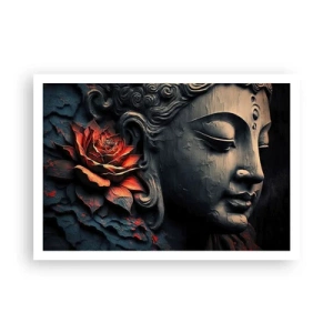 Poster - Scultura del Buddha con un fiore di loto rosso - 100x70cm - In armonia con il mondo - Decorazione murale moderna per soggiorno e camera da letto ARTTOR