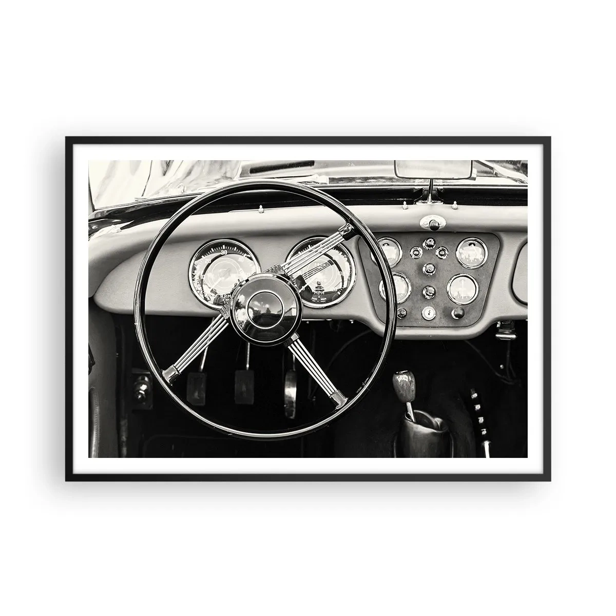 Poster in cornice nera - Interni di auto d'epoca in bianco e nero - 100x70cm - Il sogno del collezionista - Decorazione murale moderna per soggiorno e camera da letto ARTTOR
