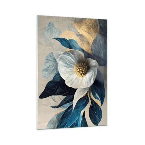 Quadro su vetro - Un fiore con foglie blu su uno sfondo elegante - 70x100cm - Ha un cuore d'oro - Decorazione murale moderna per soggiorno e camera da letto ARTTOR