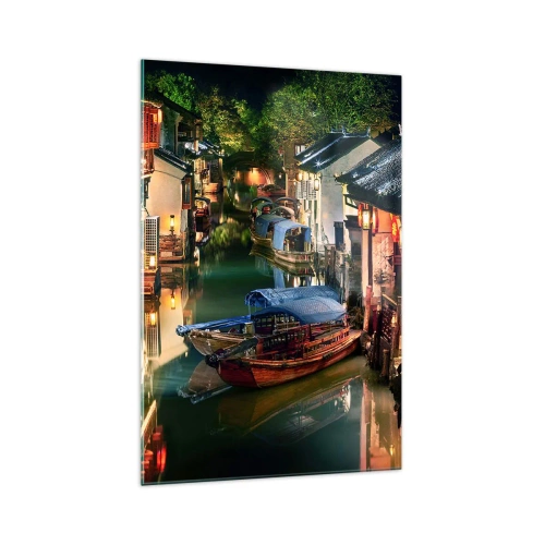 Quadro su vetro - Vista notturna dei canali con barche e case tradizionali - 70x100cm - Sera in una via cinese - Decorazione murale moderna per soggiorno e camera da letto ARTTOR