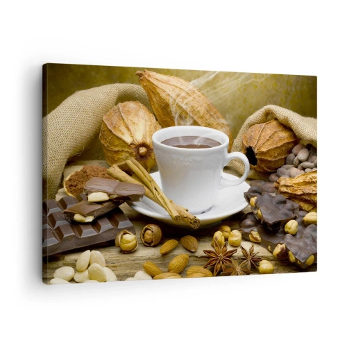 Quadro su tela - Stampe su Tela - Una tazza di cioccolata calda circondata da cacao e cannella - 70x50cm - Per i cercatori di emozioni - Decorazione murale moderna per soggiorno e camera da letto ARTTOR
