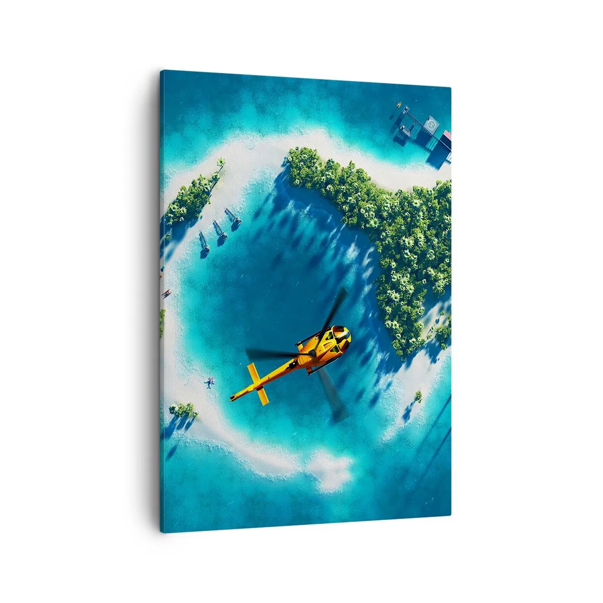 Quadro su tela - Stampe su Tela - Un'isola tropicale circondata da acque turchesi con un elicottero in vista - 50x70cm - Comprati un'isola - Decorazione murale moderna per soggiorno e camera da letto ARTTOR