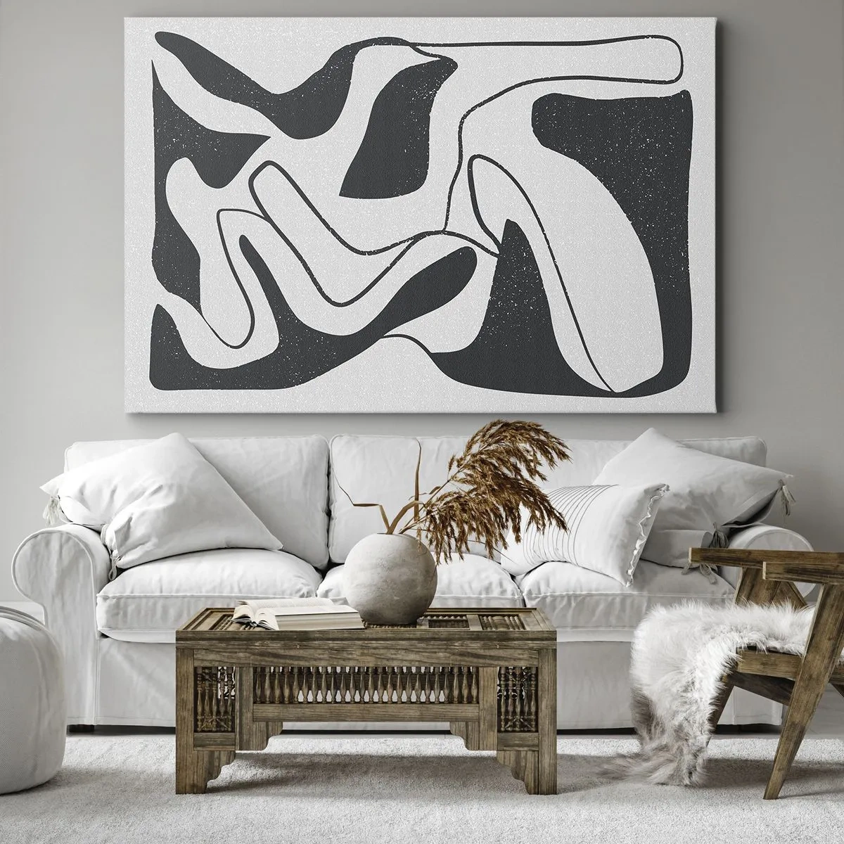 Quadro su tela - Stampe su Tela - Astrazione in bianco e nero con forme organiche - 100x70cm - Gioco astratto nel labirinto - Decorazione murale moderna per soggiorno e camera da letto ARTTOR