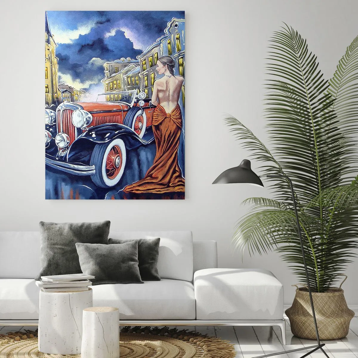 Quadro su vetro - Una donna in un abito elegante accanto a un'auto d'epoca - 50x70cm - Notturno in blu e coralli - Decorazione murale moderna per soggiorno e camera da letto ARTTOR