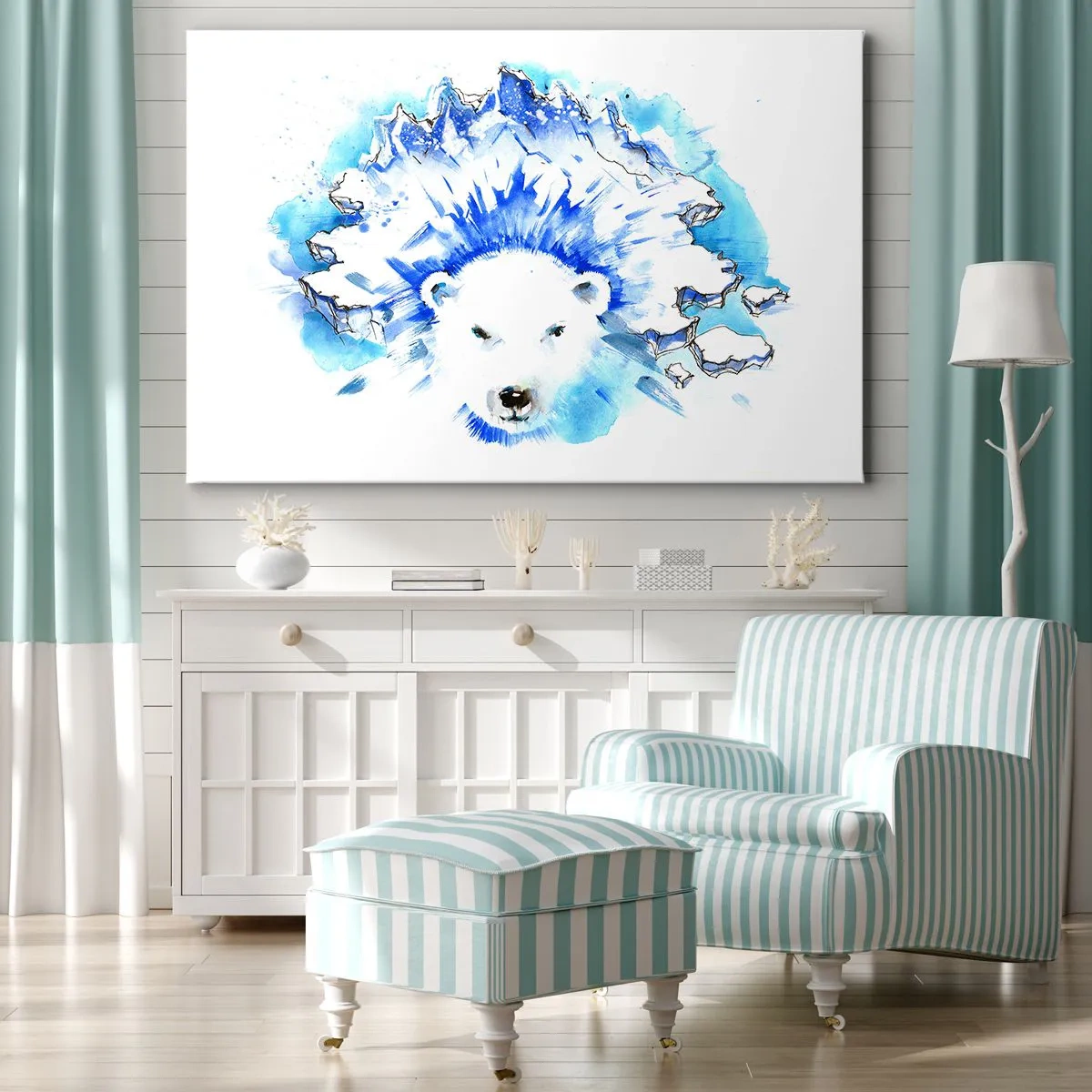 Quadro su tela - Stampe su Tela - Dipinto artistico ad acquerello di un orso polare con un motivo ghiacciato - 120x80cm - Il re dell'Artide con la corona di ghiaccio - Decorazione murale moderna per soggiorno e camera da letto ARTTOR